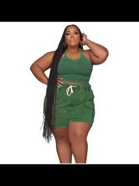 Plus Size Green Drawstring Lounge Shorts